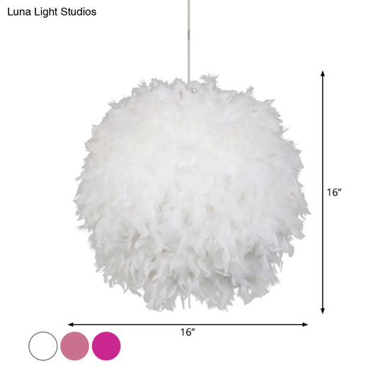 Modern Feather 1 Head Sphere Drop Pendant Ceiling Light (12’/14’/16’ Width) - White/Pink/Rose Red