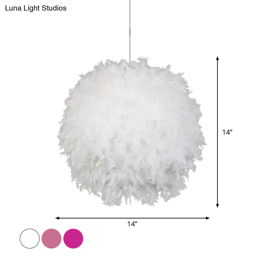 Modern Feather 1 Head Sphere Drop Pendant Ceiling Light (12’/14’/16’ Width) - White/Pink/Rose Red