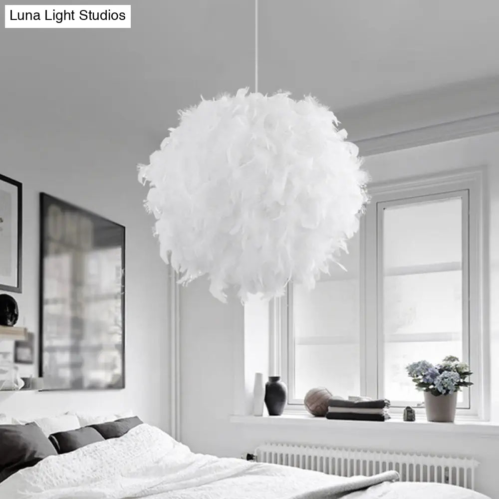 Modern Feather Pendant Light In White/Pink/Rose Red - 12/14/16 Wide Sphere Drop 1 Head For Bedroom