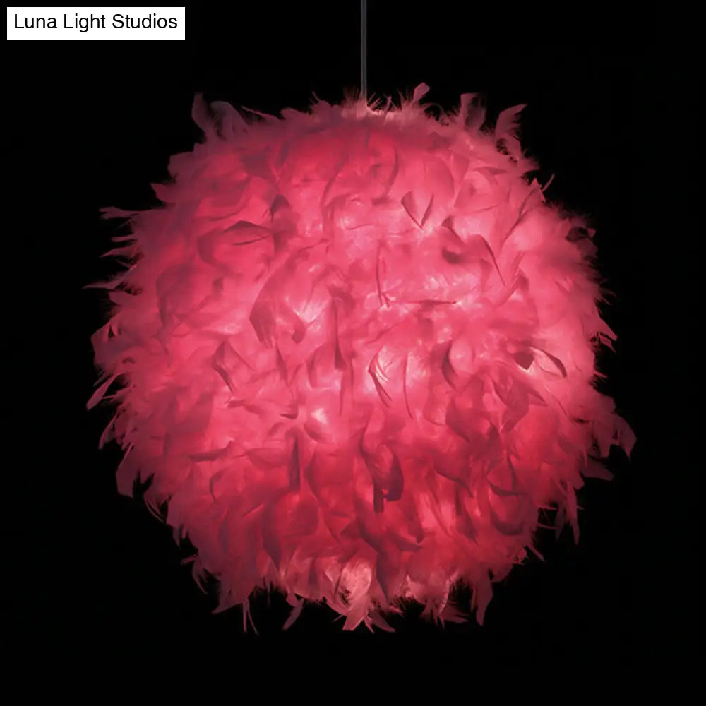 Modern Feather Pendant Light In White/Pink/Rose Red - 12/14/16 Wide Sphere Drop 1 Head For Bedroom