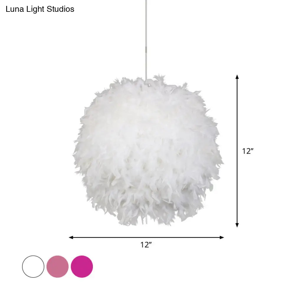 Modern Feather 1 Head Sphere Drop Pendant Ceiling Light (12’/14’/16’ Width) - White/Pink/Rose Red