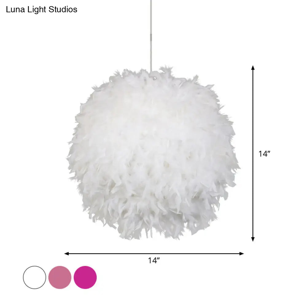 Modern Feather Pendant Light In White/Pink/Rose Red - 12/14/16 Wide Sphere Drop 1 Head For Bedroom