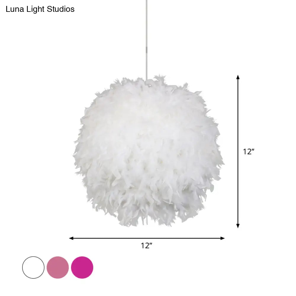 Modern Feather Pendant Light In White/Pink/Rose Red - 12/14/16 Wide Sphere Drop 1 Head For Bedroom