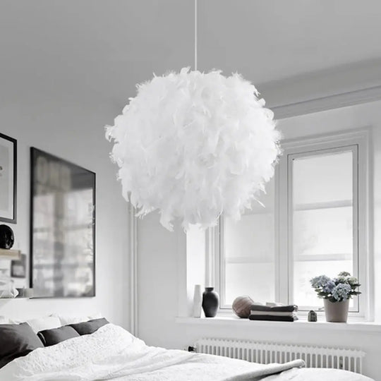 Modern Feather 1 Head Sphere Drop Pendant Ceiling Light (12’/14’/16’ Width) - White/Pink/Rose