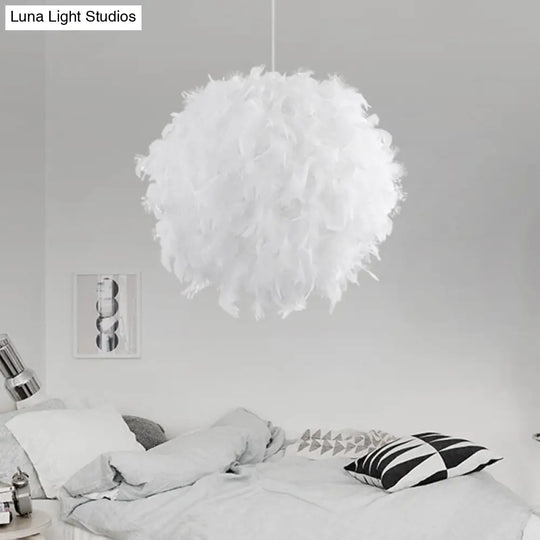 Modern Feather Pendant Light In White/Pink/Rose Red - 12/14/16 Wide Sphere Drop 1 Head For Bedroom
