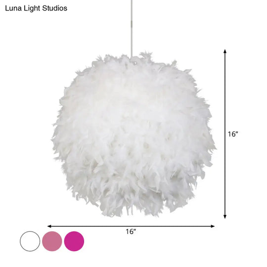 Modern Feather Pendant Light In White/Pink/Rose Red - 12/14/16 Wide Sphere Drop 1 Head For Bedroom