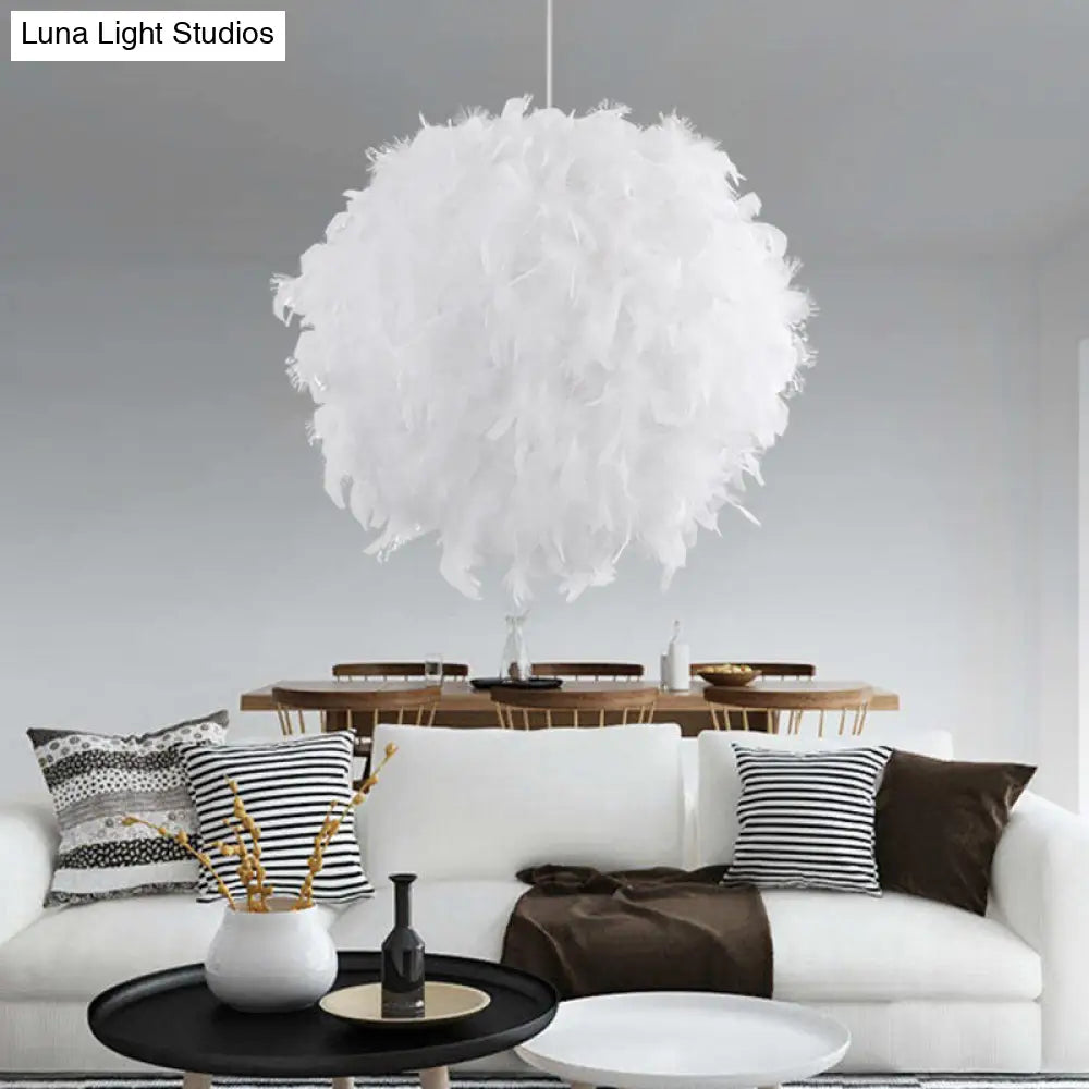 Modern Feather Pendant Light In White/Pink/Rose Red - 12/14/16 Wide Sphere Drop 1 Head For Bedroom