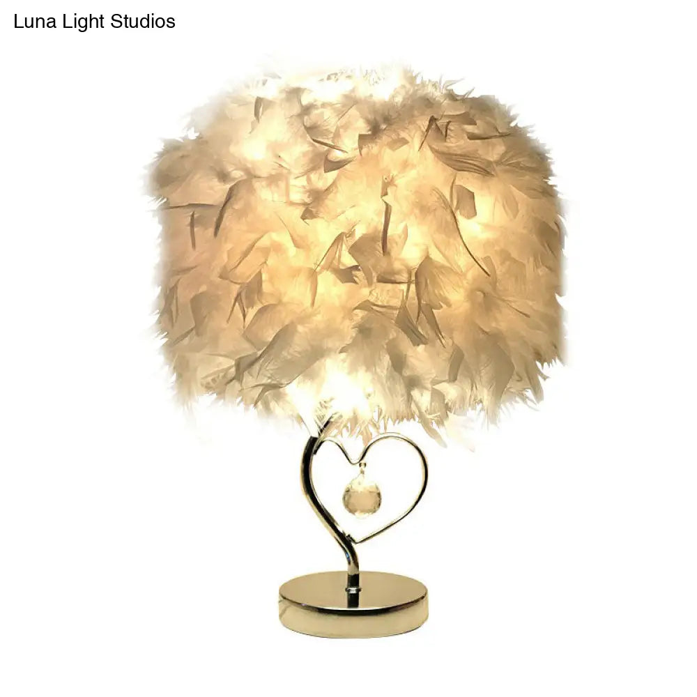 Modern Feather Bedroom Lamp: Cylindrical Nightstand Table Light With Crystal Drip