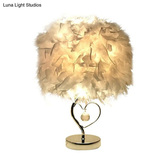 Modern Feather Bedroom Lamp: Cylindrical Nightstand Table Light With Crystal Drip