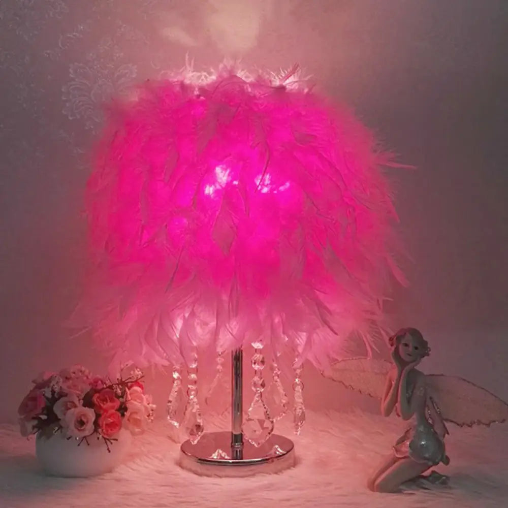 Modern Feather Bedroom Lamp: Cylindrical Nightstand Table Light With Crystal Drip Pink / B