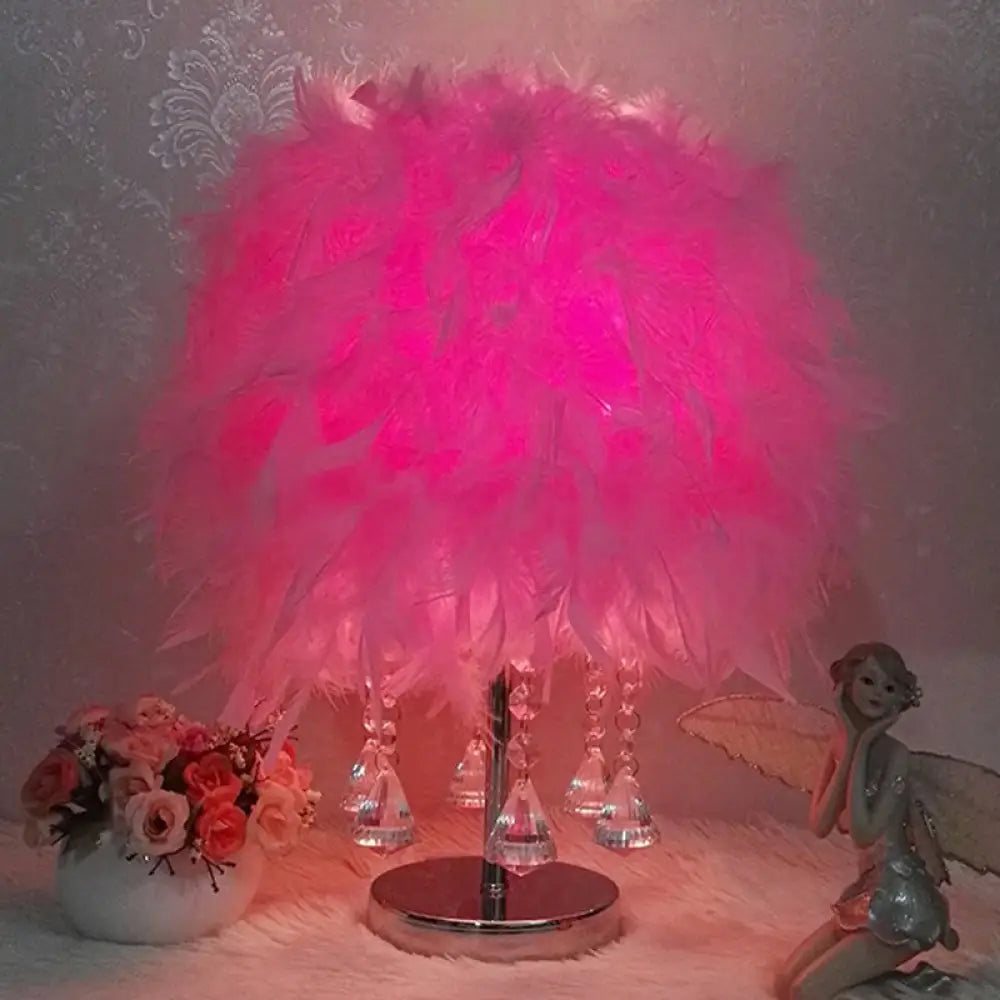 Modern Feather Bedroom Lamp: Cylindrical Nightstand Table Light With Crystal Drip Pink / C