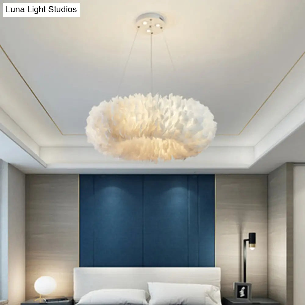 White Feather Ring Pendant Light - Modern Bedroom Chandelier