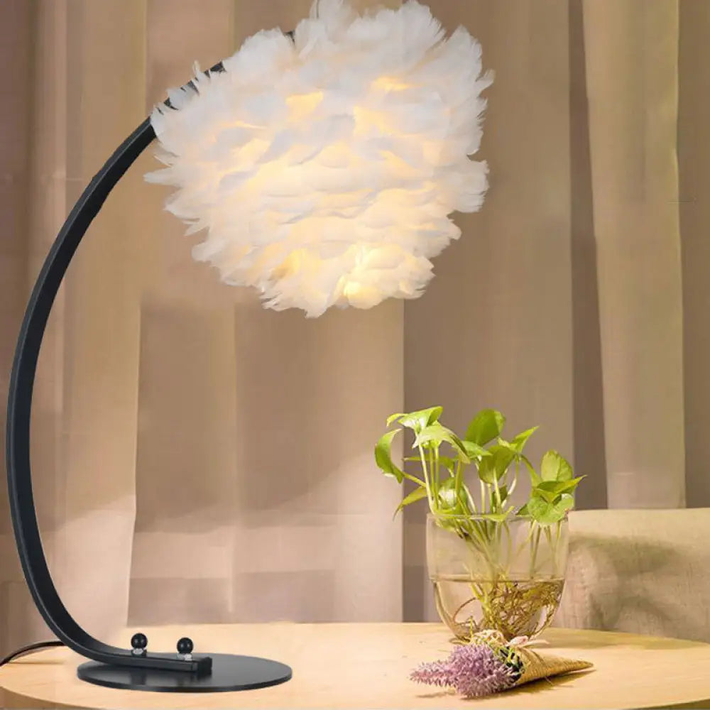 Modern Feather Dome/Tapered Shade Table Lamp Single Black/Pink/Cream Nightstand Light With Versatile