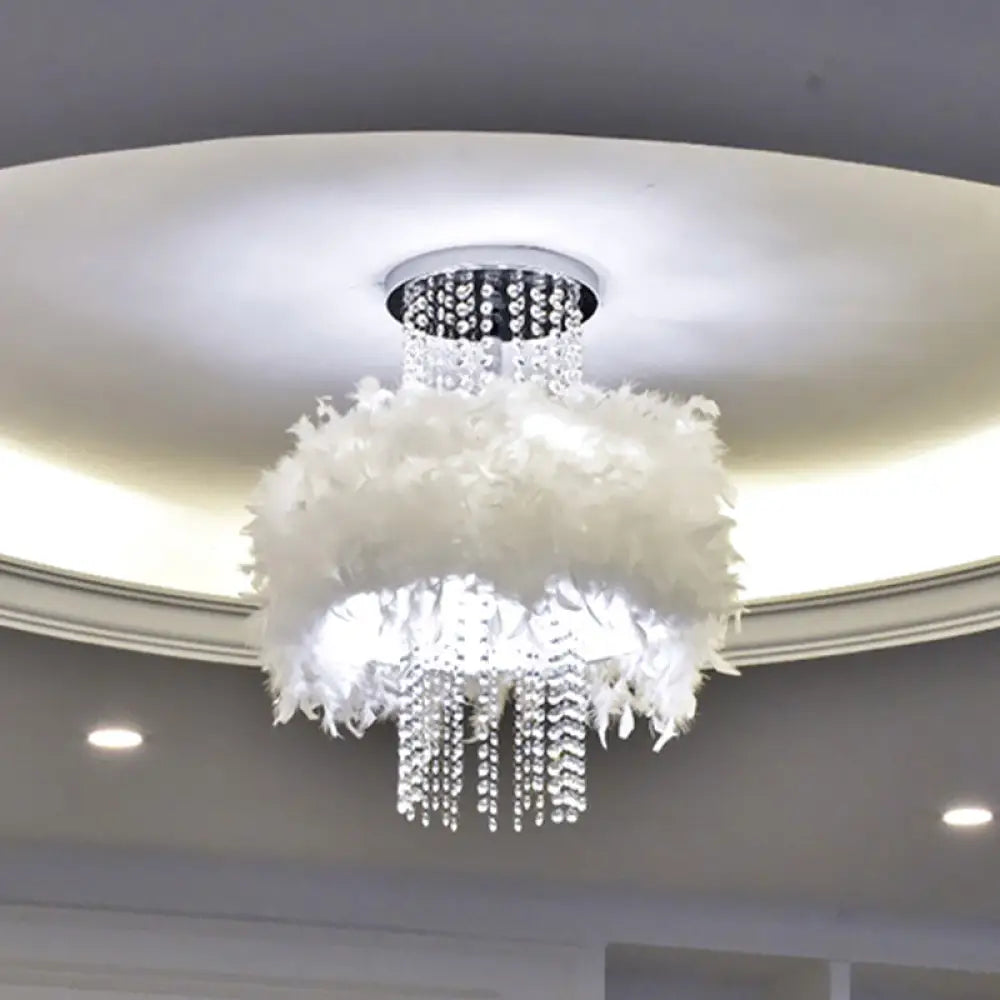 Modern Feather Drum Semi Flush Chandelier With Crystal Chain And 4 Bulbs For Bedroom Ceiling In