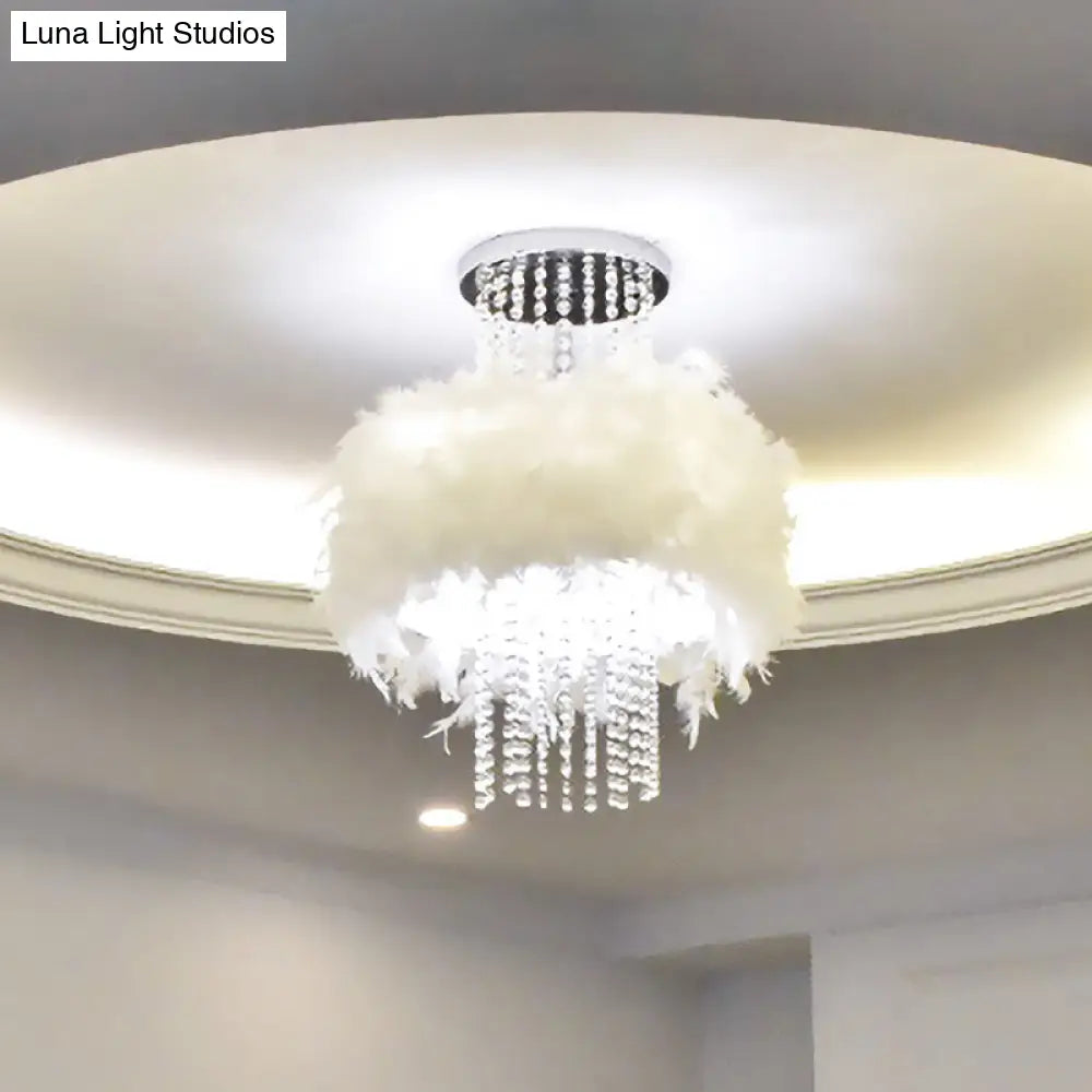 Modern Feather Drum Semi Flush Chandelier With Crystal Chain And 4 Bulbs For Bedroom Ceiling In