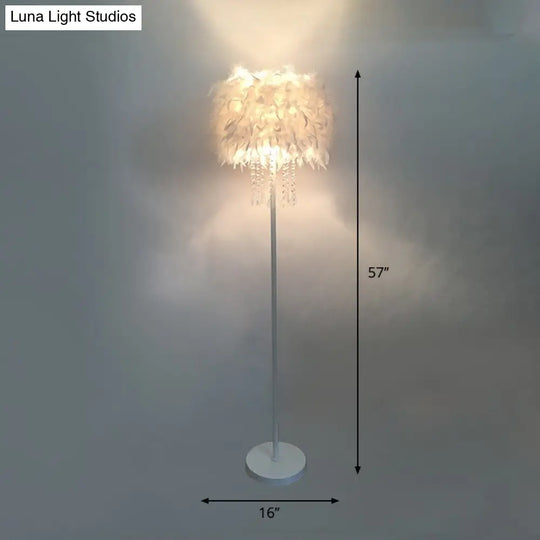 Modern Feather Drum Standing Floor Light: 16/18 W 1-Head White Lamp With Or Without Draping Crystal