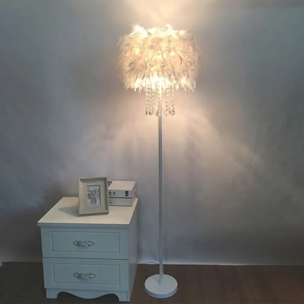 Modern Feather Drum Standing Floor Light: 16/18 W 1-Head White Lamp With Or Without Draping Crystal