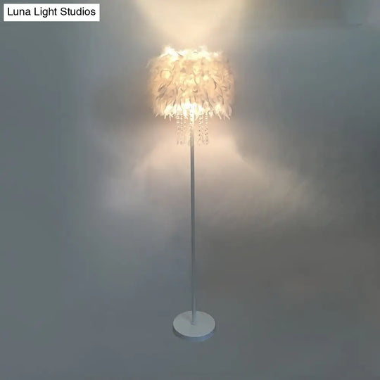 Modern Feather Drum Standing Floor Light: 16/18 W 1-Head White Lamp With Or Without Draping Crystal