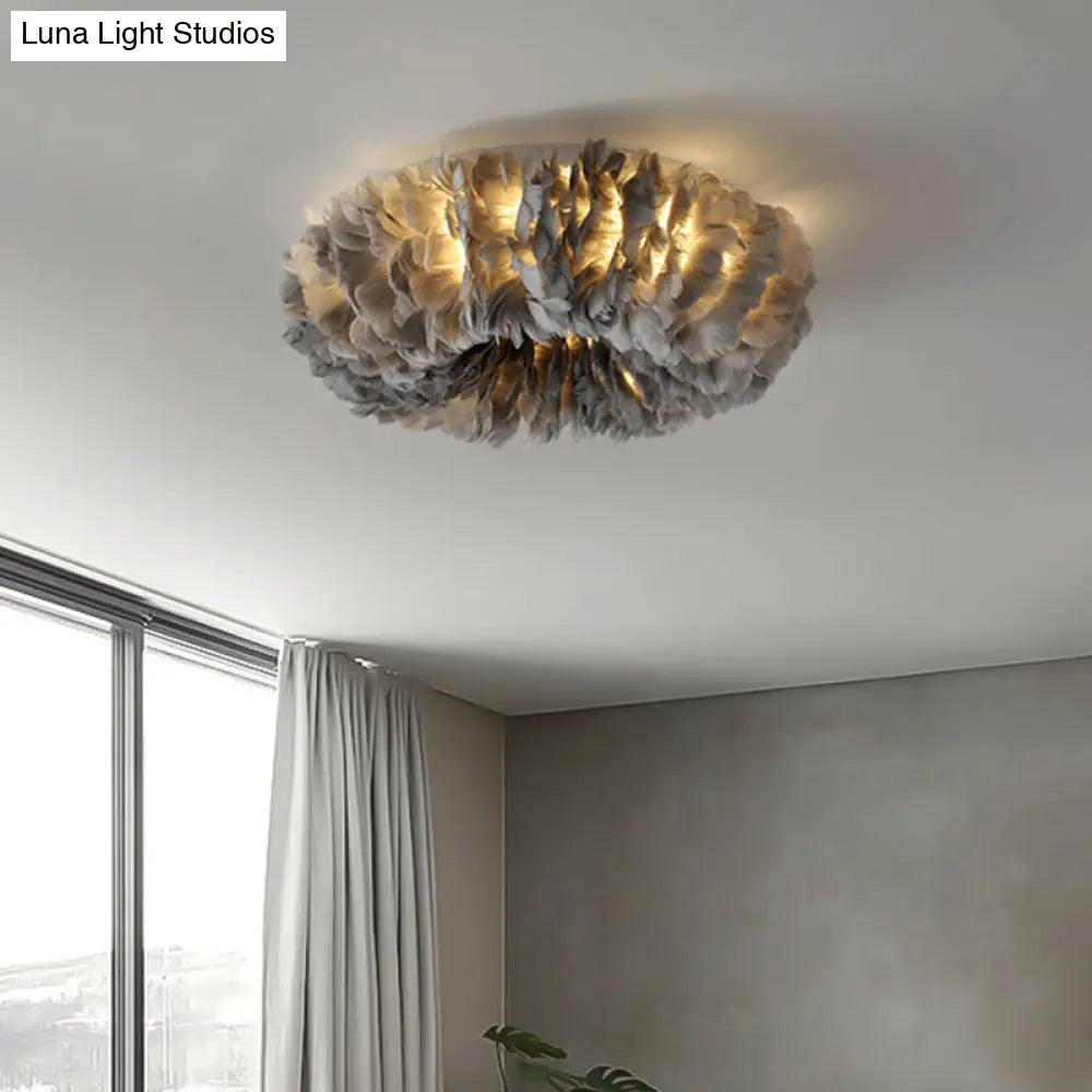 Modern Feather Flushmount Ceiling Light With 3/6 Fabric Heads In White/Grey/Pink For Bedroom 3 /