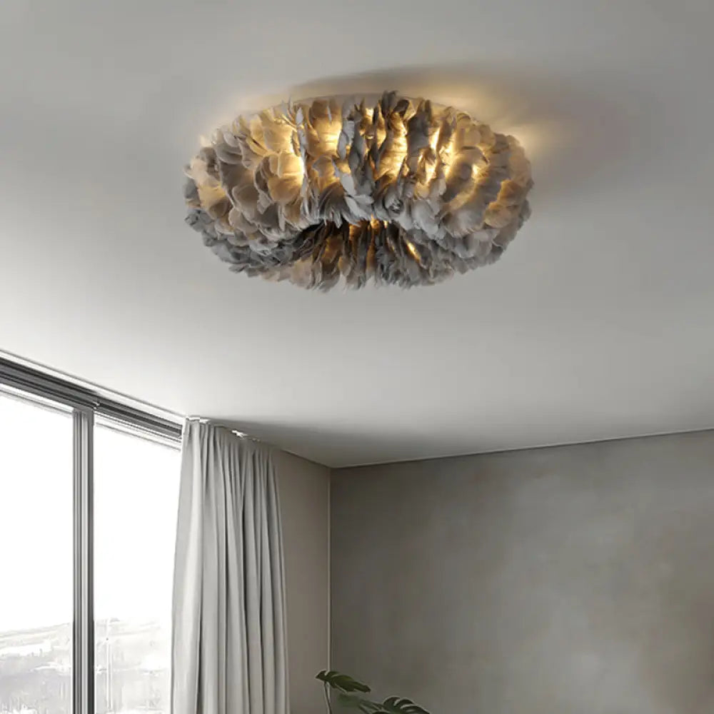 Modern Feather Flushmount Ceiling Light With 3/6 Fabric Heads In White/Grey/Pink For Bedroom 3 /