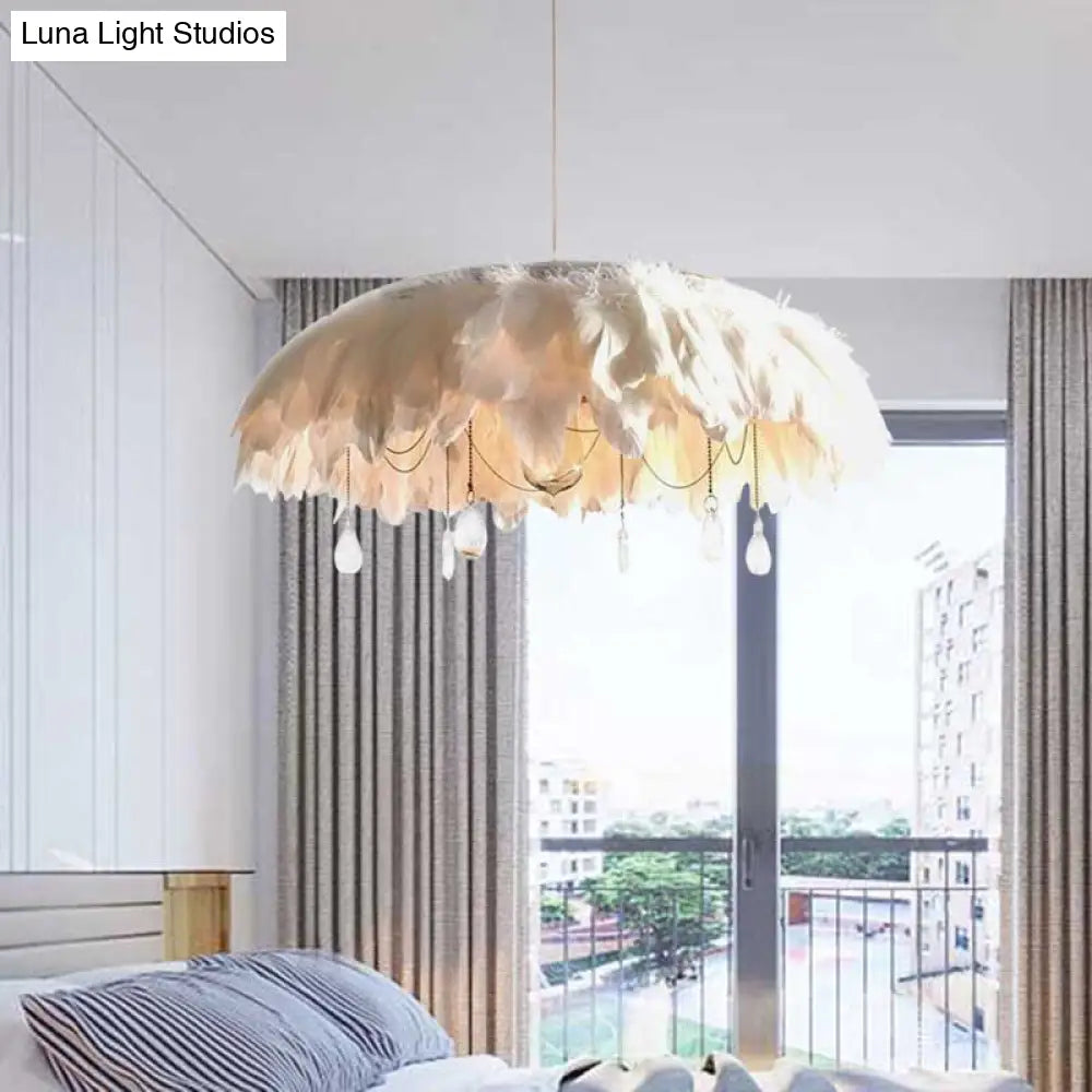 Modern Feather Hanging Lamp: White Fabric Pendant With Crystal Drop