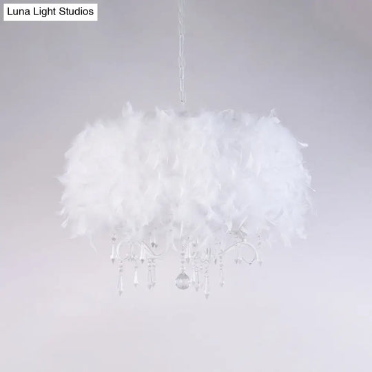 Modern Feather Hanging Light Fixture With Crystal Accent - White/Chrome Candelabra Chandelier (3/5