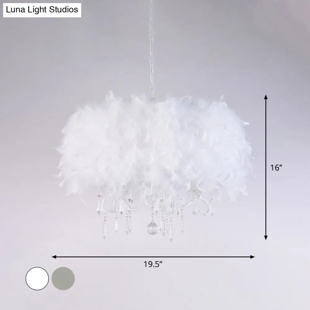 Modern White/Chrome Feather Candelabra Chandelier With Crystal Accents - 3 Or 5 Lights