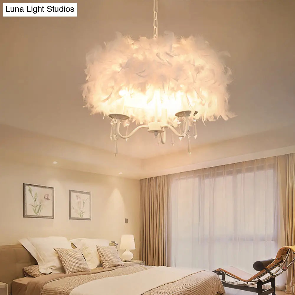 Modern Feather Hanging Light Fixture With Crystal Accent - White/Chrome Candelabra Chandelier (3/5