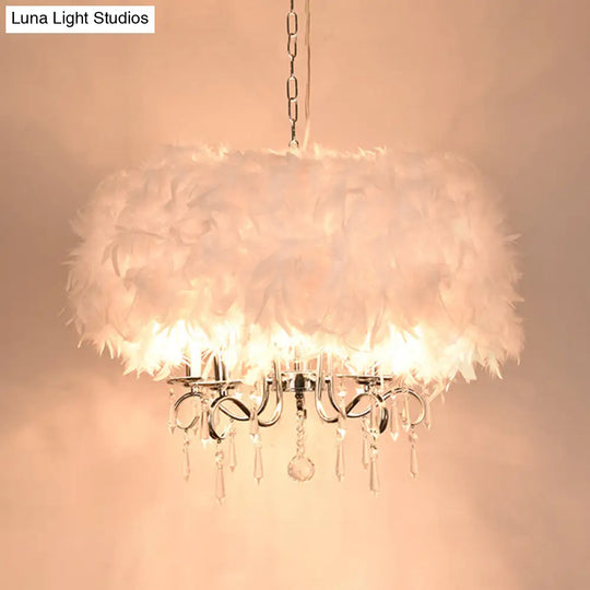 Modern White/Chrome Feather Candelabra Chandelier With Crystal Accents - 3 Or 5 Lights / Chrome