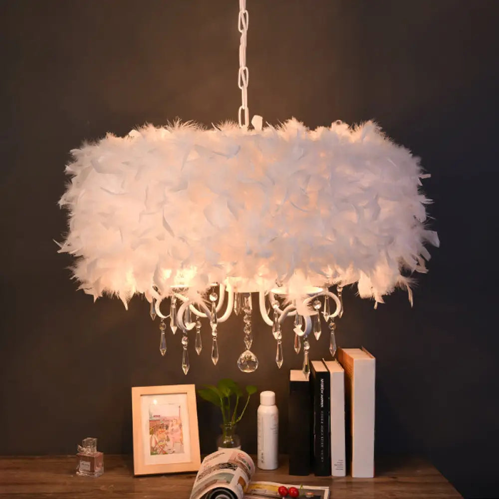 Modern Feather Hanging Light Fixture With Crystal Accent - White/Chrome Candelabra Chandelier (3/5