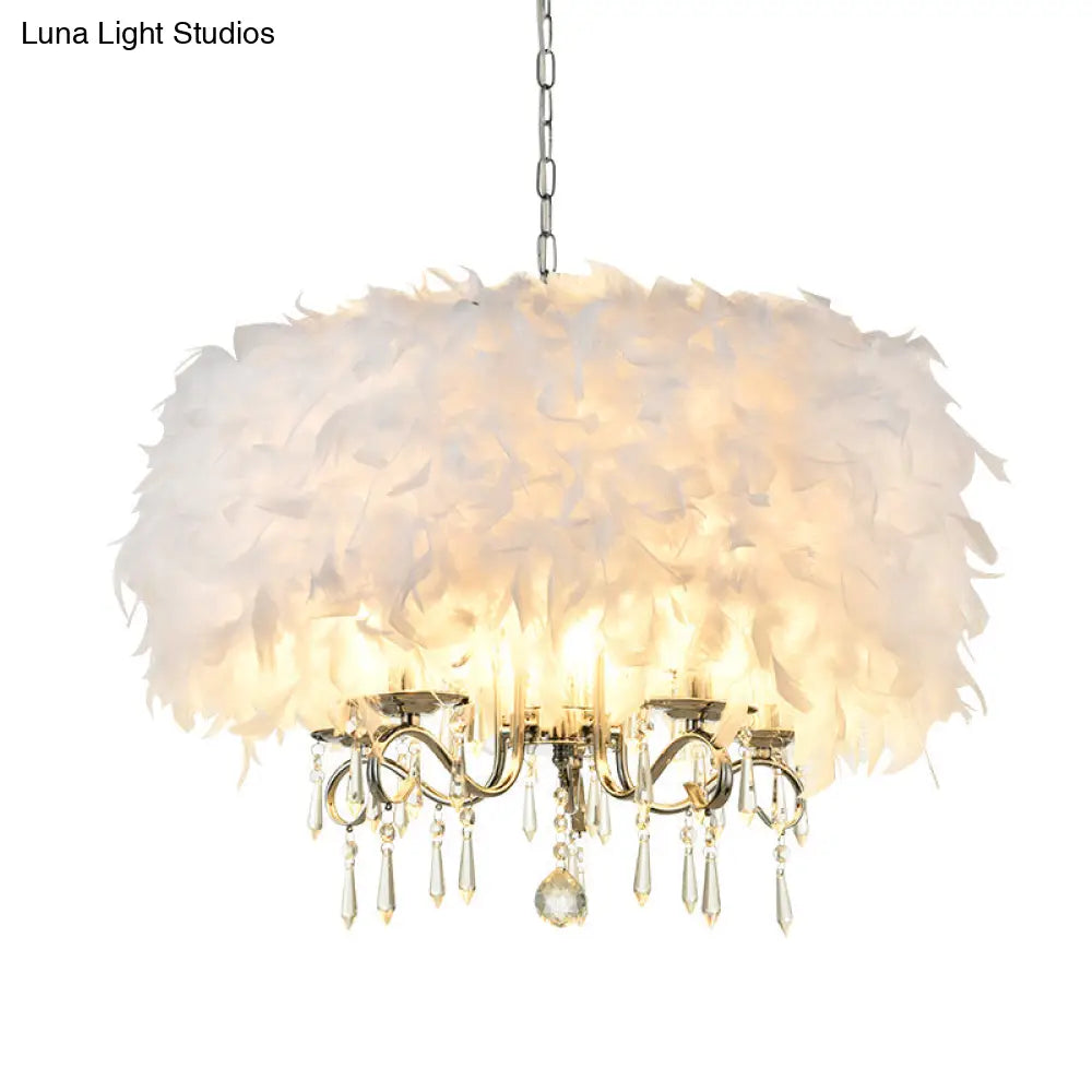 Modern Feather Hanging Light Fixture With Crystal Accent - White/Chrome Candelabra Chandelier (3/5