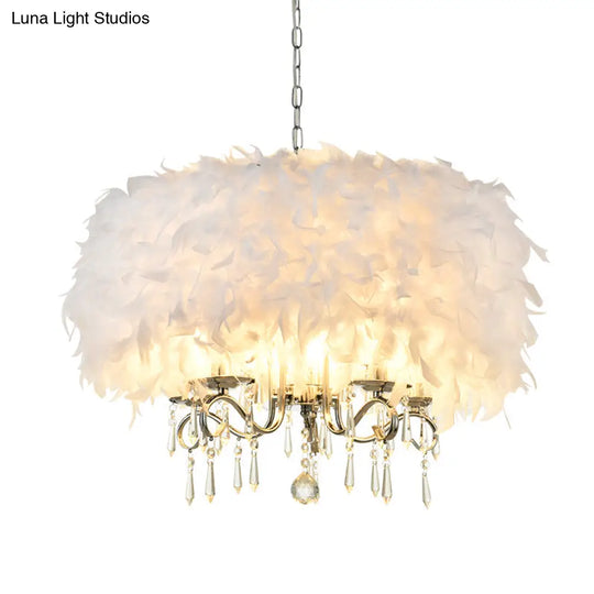 Modern Feather Hanging Light Fixture With Crystal Accent - White/Chrome Candelabra Chandelier (3/5