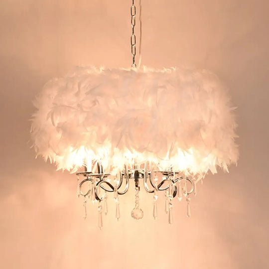 Modern Feather Hanging Light Fixture With Crystal Accent - White/Chrome Candelabra Chandelier (3/5