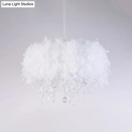 Modern White/Chrome Feather Candelabra Chandelier With Crystal Accents - 3 Or 5 Lights