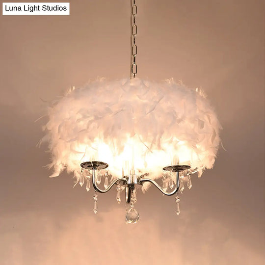 Modern White/Chrome Feather Candelabra Chandelier With Crystal Accents - 3 Or 5 Lights