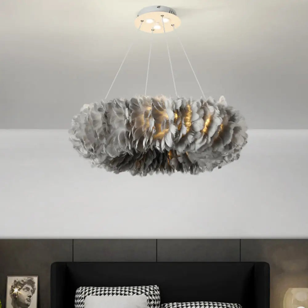 Modern Feather Suspended Pendant Lamp - Loop Chandelier 3/6-Light White/Grey/Pink 3 / Grey