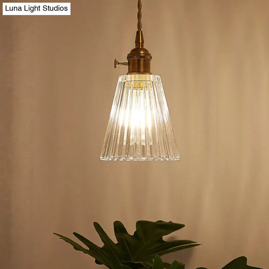 Modern Flared Clear Glass 1-Light Pendant Ceiling Light In Brass