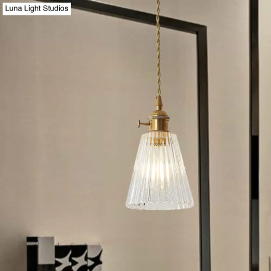 Modern Flared Clear Glass 1-Light Pendant Ceiling Light In Brass