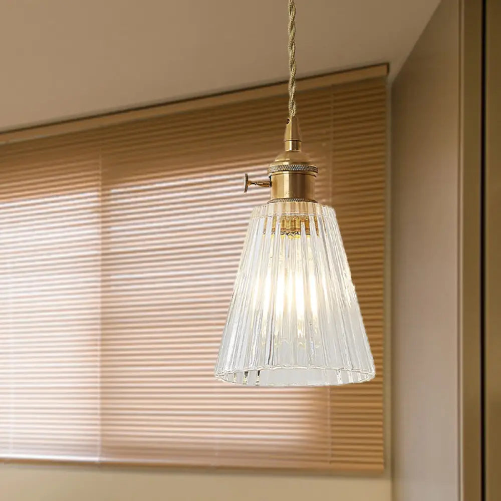 Modern Flared Clear Glass 1-Light Pendant Ceiling Light In Brass / B