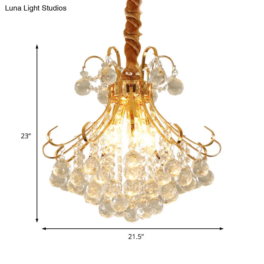 Modern Flared Crystal Ball Chandelier - Gold Ceiling Light Fixture 3/4 Lights Multiple Sizes