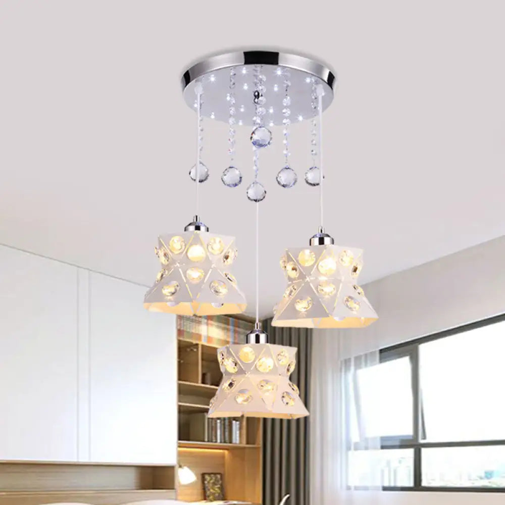 Modern Flared Dining Room Pendant Lamp With Crystal Accent - Iron Finish 3 Bulbs White