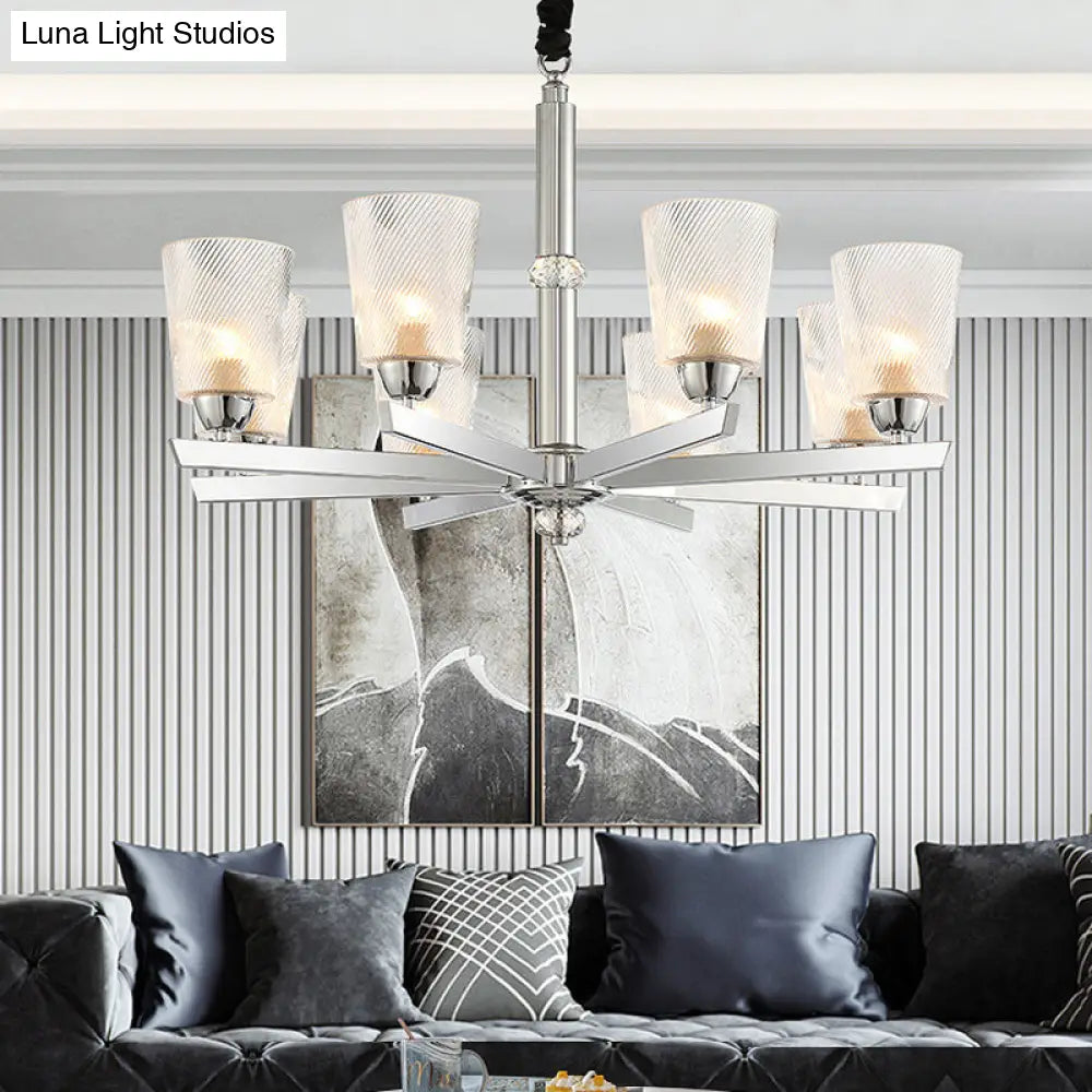 Modern Flared Glass Pendant Chandelier With Ribbed Design - Chrome Finish