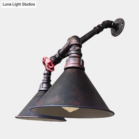 Modern Flared Metallic Wall Mount Sconce With Antiqued Design And Red Valve Accent