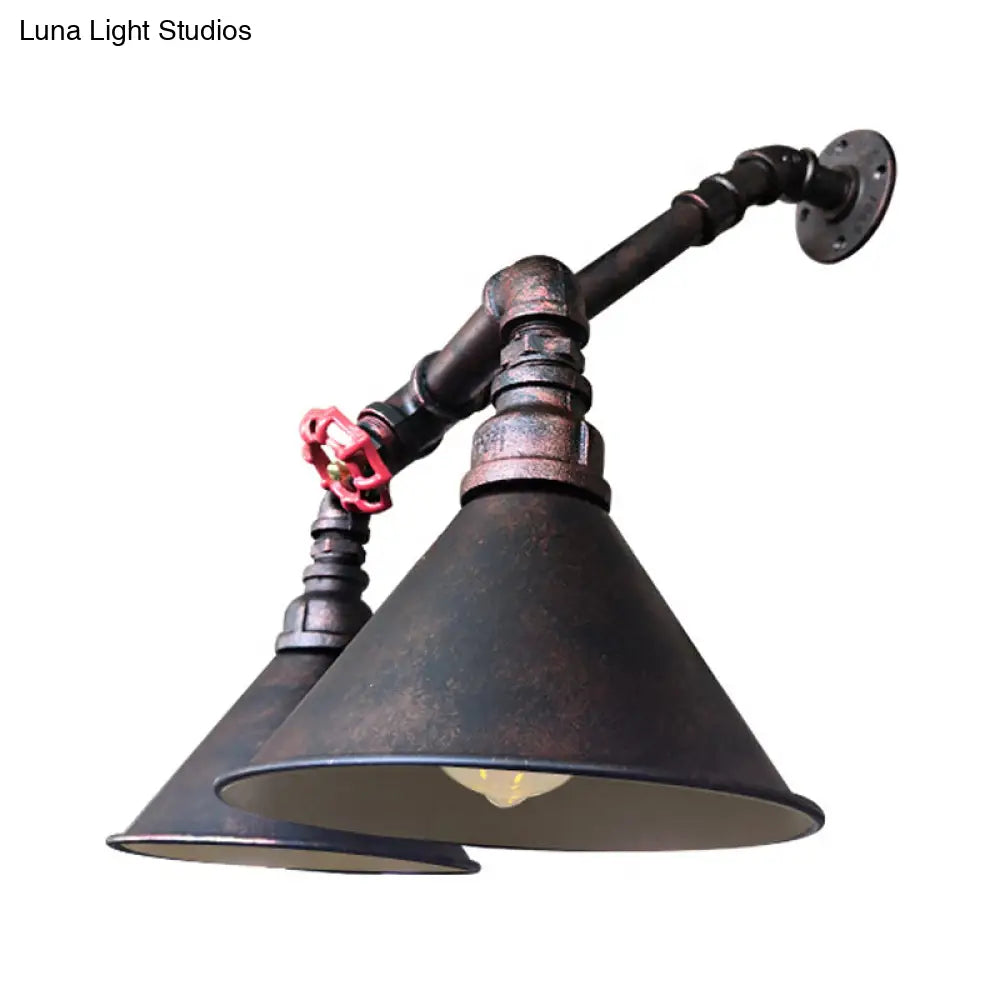 Modern Flared Metallic Wall Mount Sconce With Antiqued Design And Red Valve Accent