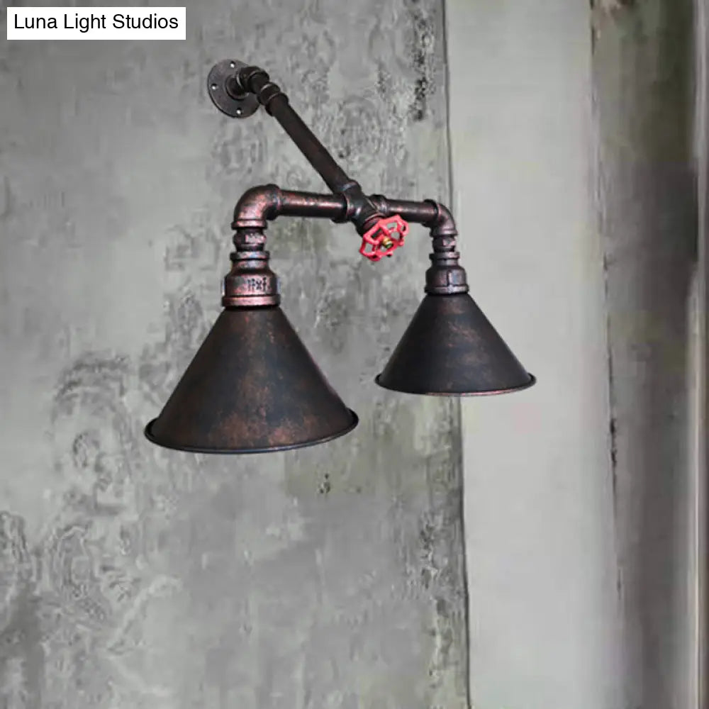 Modern Flared Metallic Wall Mount Sconce With Antiqued Design And Red Valve Accent