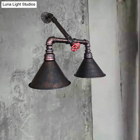 Modern Flared Metallic Wall Mount Sconce With Antiqued Design And Red Valve Accent