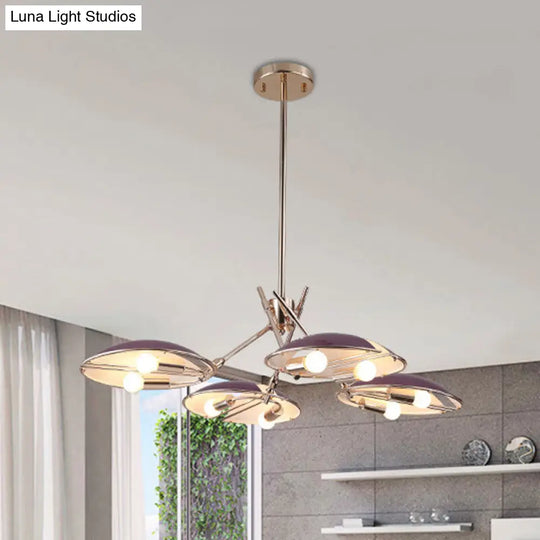 Modern Flat Dome Hanging Light With Metallic Finish - 8-Light Purple Ceiling Chandelier For Living