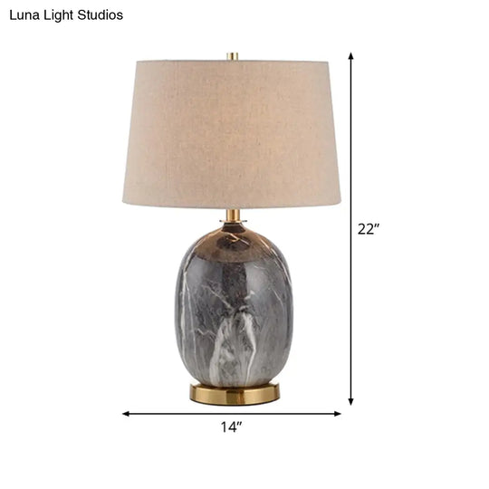 Modern Flaxen Barrel Table Lamp With Grey Marble Base - 1 Bulb Desk Light