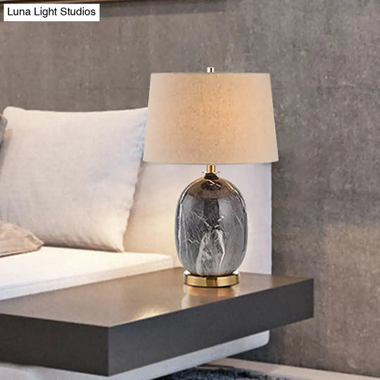 Modern Flaxen Barrel Table Lamp With Grey Marble Base - 1 Bulb Desk Light