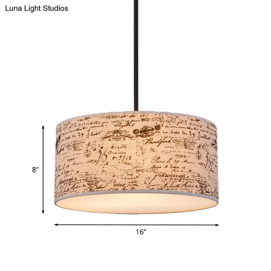 Modern Flaxen Drum Pendant With Script Lamp Shade - 12’/16’ Dia Suspension Lighting